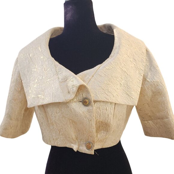 Luxurious Gold Brocade Jacquard Designer Jacket Cardigan Coat Bolero Cover Cape - Picture 4 of 16